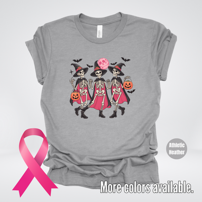 Skeleton Witches Halloween Breast Cancer Awareness T-Shirt