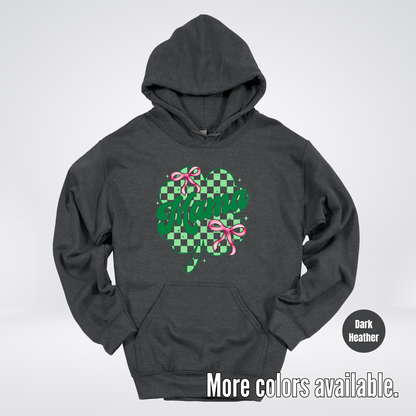 Coquette Mini Pink Bows Checkered Retro Four Leaf Clover Saint Patrick's Day Hoodie