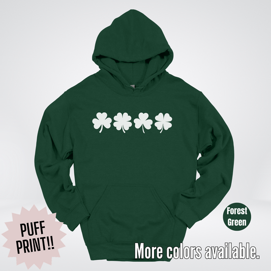 Four Puff Print Clovers - White Design - St. Patrick's Day Hoodie