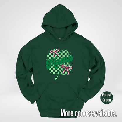 Coquette Mini Pink Bows Checkered Retro Four Leaf Clover Saint Patrick's Day Hoodie