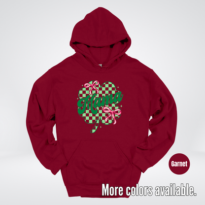 Coquette Mini Pink Bows Checkered Retro Four Leaf Clover Saint Patrick's Day Hoodie