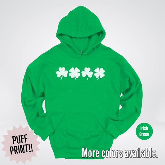 Four Puff Print Clovers - White Design - St. Patrick's Day Hoodie