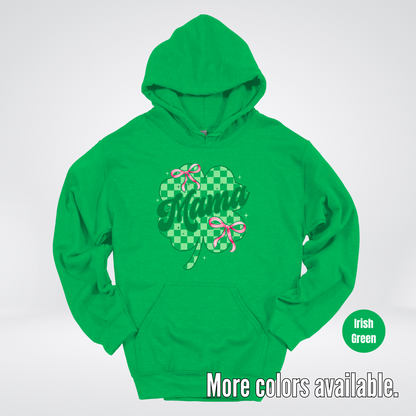 Coquette Mini Pink Bows Checkered Retro Four Leaf Clover Saint Patrick's Day Hoodie