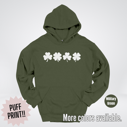 Four Puff Print Clovers - White Design - St. Patrick's Day Hoodie