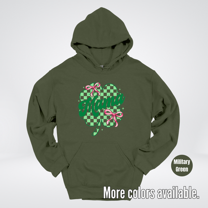 Coquette Mini Pink Bows Checkered Retro Four Leaf Clover Saint Patrick's Day Hoodie