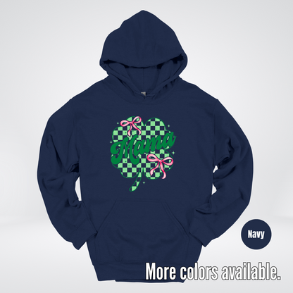 Coquette Mini Pink Bows Checkered Retro Four Leaf Clover Saint Patrick's Day Hoodie