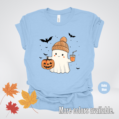 Cute Fall Ghost with Pumpkin And Bats T-Shirt