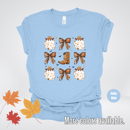 Western Coquette Leather Cowboy Boots And Fall Ghosts with Flowers and Bats T-Shirt