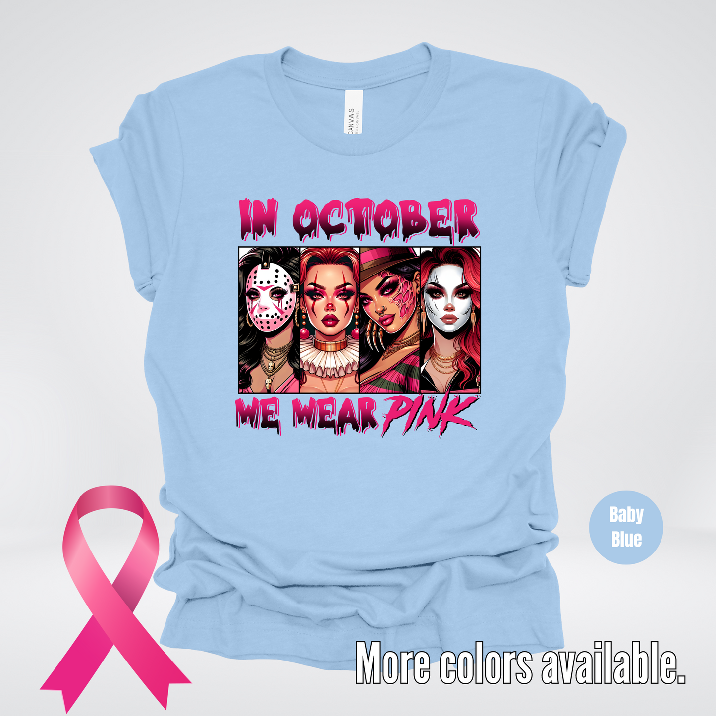 Halloween Bad Girls in October We Wear Pink Horror Movie Characters T-Shirt