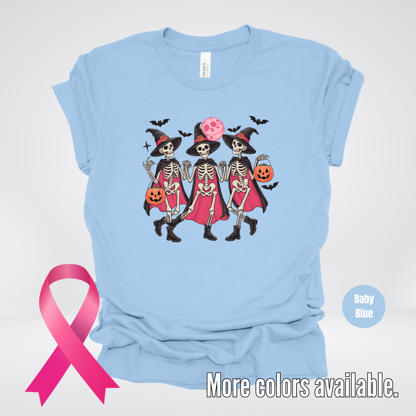 Skeleton Witches Halloween Breast Cancer Awareness T-Shirt