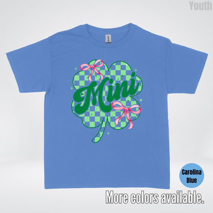 Coquette Mini Pink Bows Checkered Retro Four Leaf Clover Saint Patrick's Day Youth T-Shirt