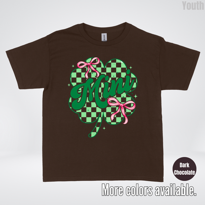 Coquette Mini Pink Bows Checkered Retro Four Leaf Clover Saint Patrick's Day Youth T-Shirt