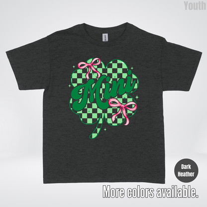 Coquette Mini Pink Bows Checkered Retro Four Leaf Clover Saint Patrick's Day Youth T-Shirt