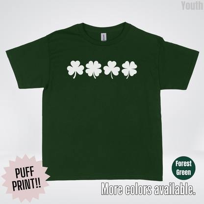 Four Puff Print Clovers - White Design - St. Patrick's Day Youth T-Shirt