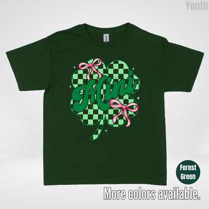 Coquette Mini Pink Bows Checkered Retro Four Leaf Clover Saint Patrick's Day Youth T-Shirt