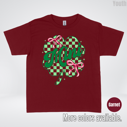 Coquette Mini Pink Bows Checkered Retro Four Leaf Clover Saint Patrick's Day Youth T-Shirt