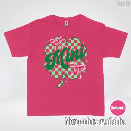 Coquette Mini Pink Bows Checkered Retro Four Leaf Clover Saint Patrick's Day Youth T-Shirt