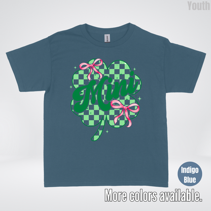 Coquette Mini Pink Bows Checkered Retro Four Leaf Clover Saint Patrick's Day Youth T-Shirt
