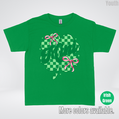 Coquette Mini Pink Bows Checkered Retro Four Leaf Clover Saint Patrick's Day Youth T-Shirt