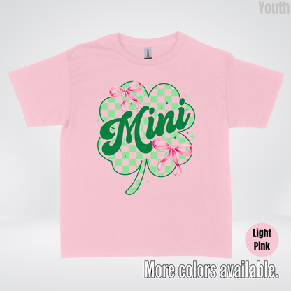 Coquette Mini Pink Bows Checkered Retro Four Leaf Clover Saint Patrick's Day Youth T-Shirt