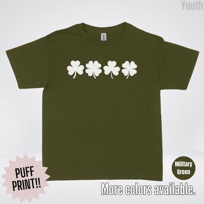 Four Puff Print Clovers - White Design - St. Patrick's Day Youth T-Shirt