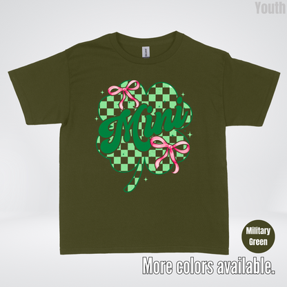 Coquette Mini Pink Bows Checkered Retro Four Leaf Clover Saint Patrick's Day Youth T-Shirt