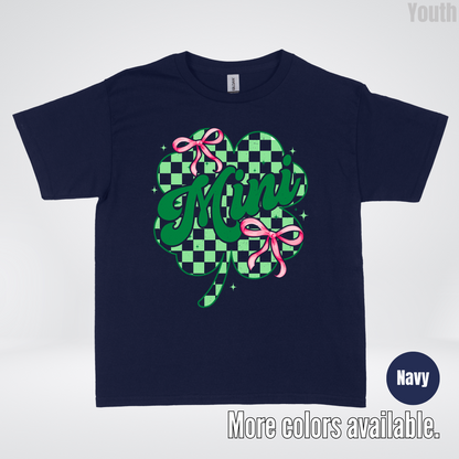 Coquette Mini Pink Bows Checkered Retro Four Leaf Clover Saint Patrick's Day Youth T-Shirt
