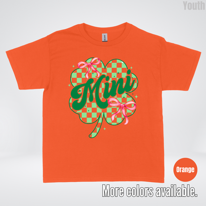 Coquette Mini Pink Bows Checkered Retro Four Leaf Clover Saint Patrick's Day Youth T-Shirt