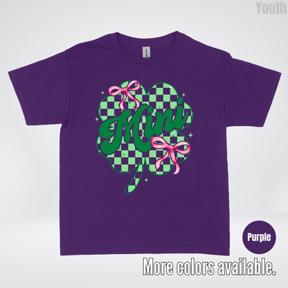 Coquette Mini Pink Bows Checkered Retro Four Leaf Clover Saint Patrick's Day Youth T-Shirt