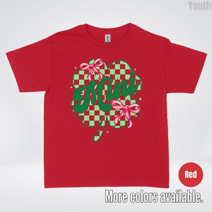 Coquette Mini Pink Bows Checkered Retro Four Leaf Clover Saint Patrick's Day Youth T-Shirt