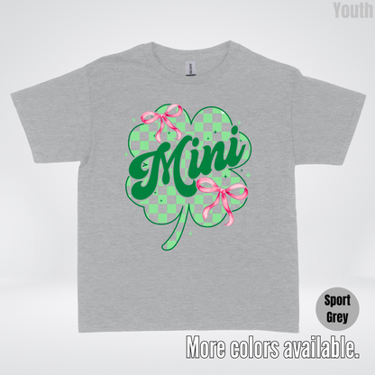 Coquette Mini Pink Bows Checkered Retro Four Leaf Clover Saint Patrick's Day Youth T-Shirt