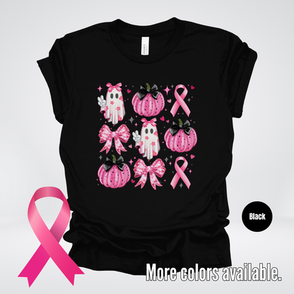 Ghost & Pumpkins Coquette Breast Cancer Awareness T-Shirt