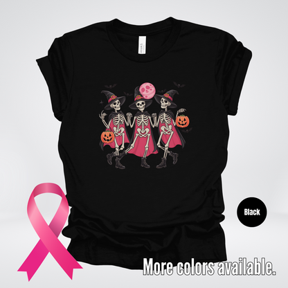 Skeleton Witches Halloween Breast Cancer Awareness T-Shirt