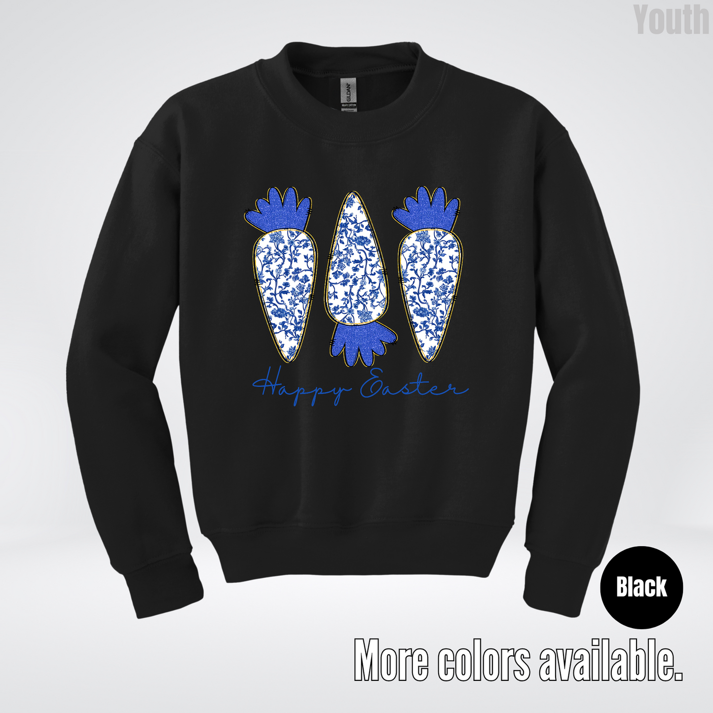 Blue Toile Chinoiserie Grandmillennial Happy Easter And Carrots Youth Crewneck Sweatshirt