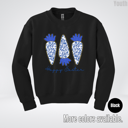 Blue Toile Chinoiserie Grandmillennial Happy Easter And Carrots Youth Crewneck Sweatshirt