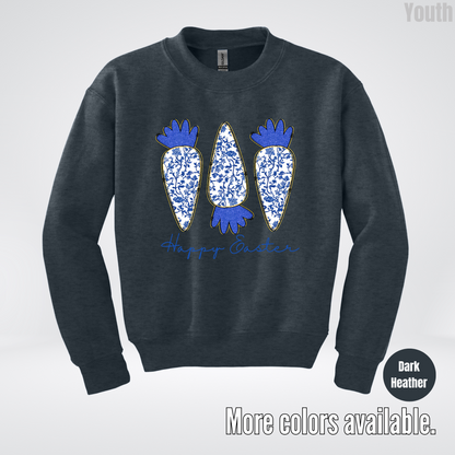 Blue Toile Chinoiserie Grandmillennial Happy Easter And Carrots Youth Crewneck Sweatshirt