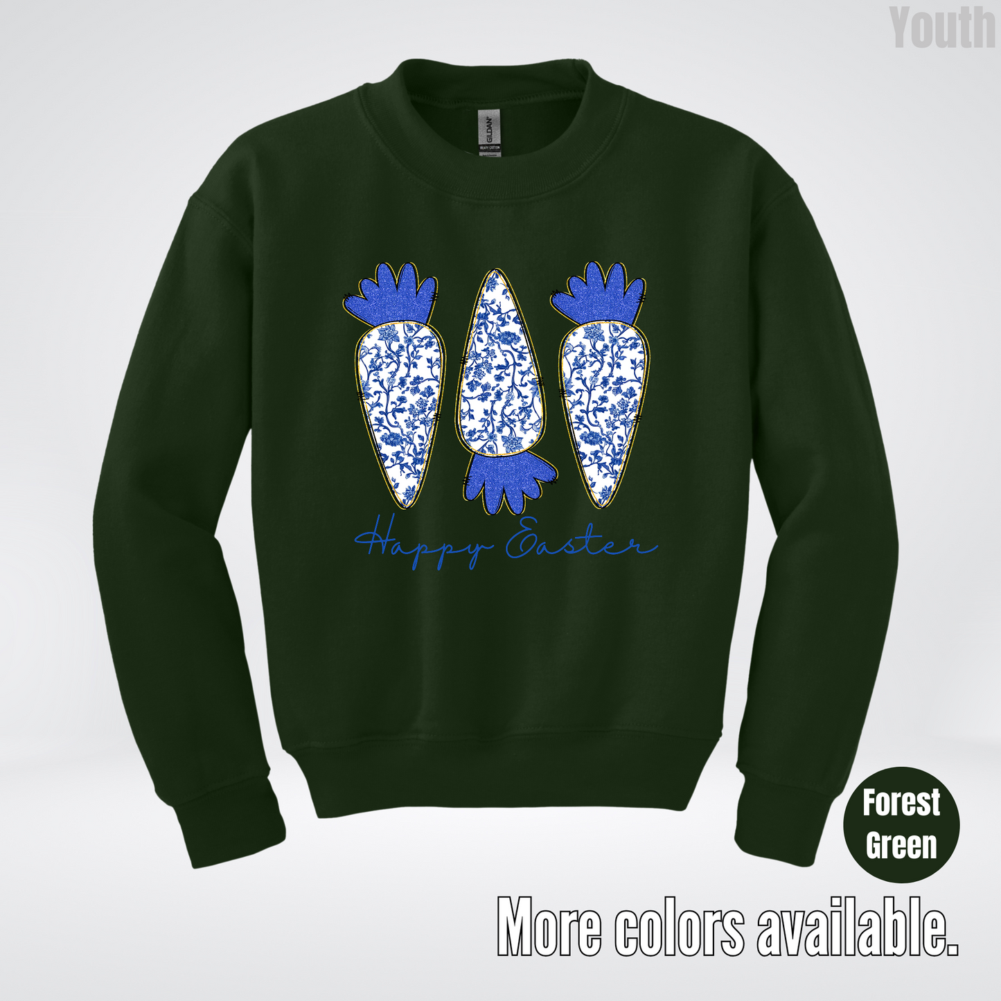 Blue Toile Chinoiserie Grandmillennial Happy Easter And Carrots Youth Crewneck Sweatshirt