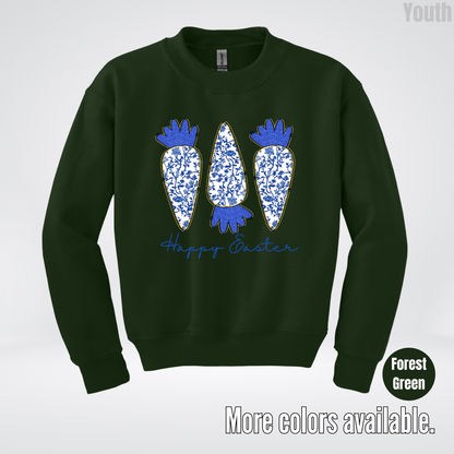 Blue Toile Chinoiserie Grandmillennial Happy Easter And Carrots Youth Crewneck Sweatshirt