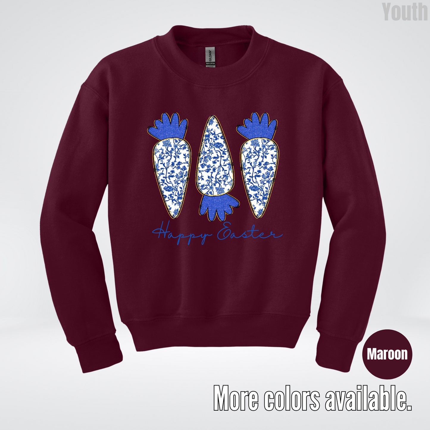 Blue Toile Chinoiserie Grandmillennial Happy Easter And Carrots Youth Crewneck Sweatshirt