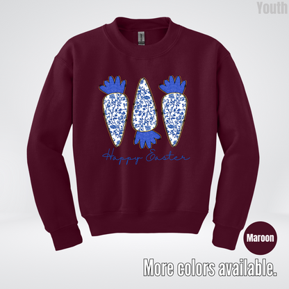 Blue Toile Chinoiserie Grandmillennial Happy Easter And Carrots Youth Crewneck Sweatshirt