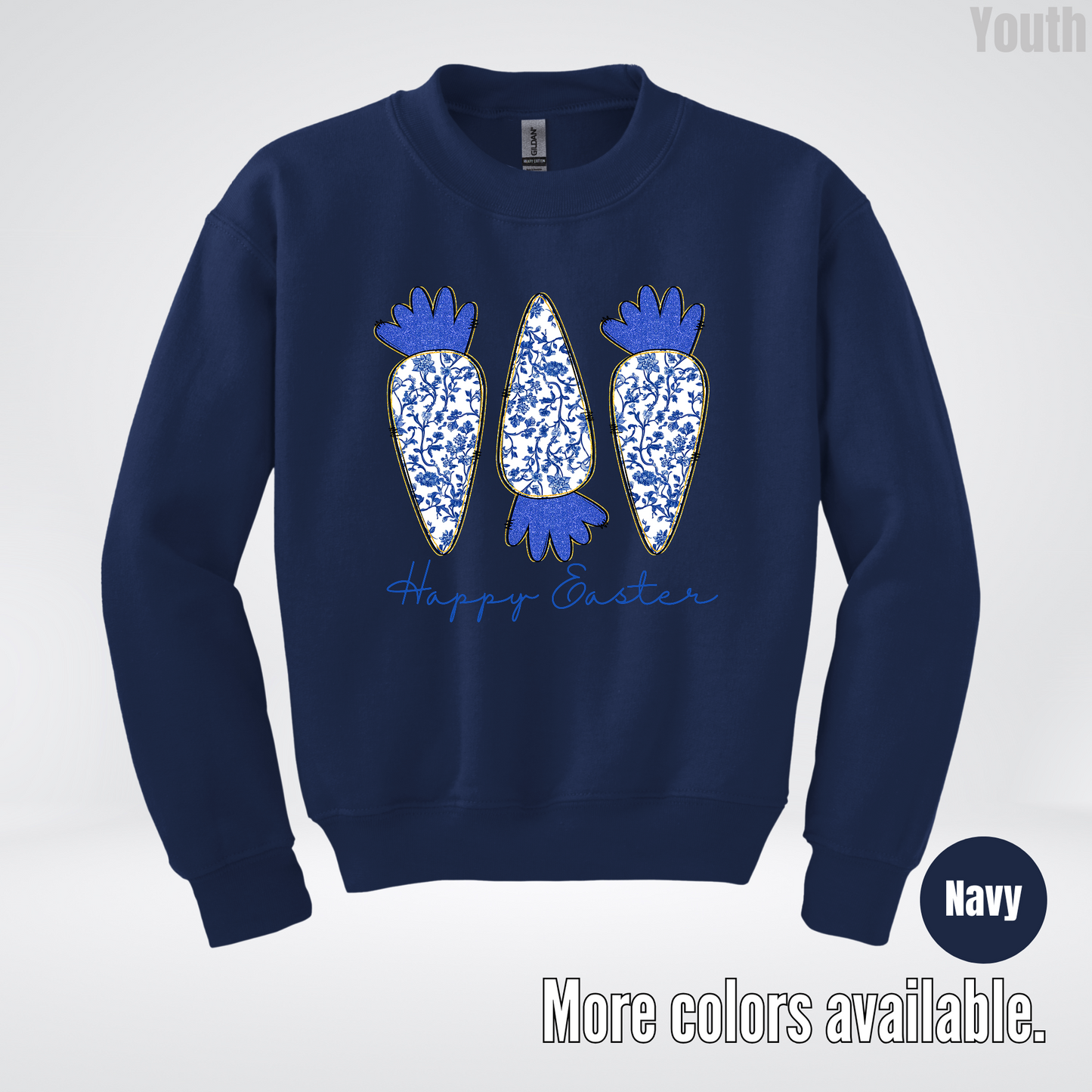 Blue Toile Chinoiserie Grandmillennial Happy Easter And Carrots Youth Crewneck Sweatshirt