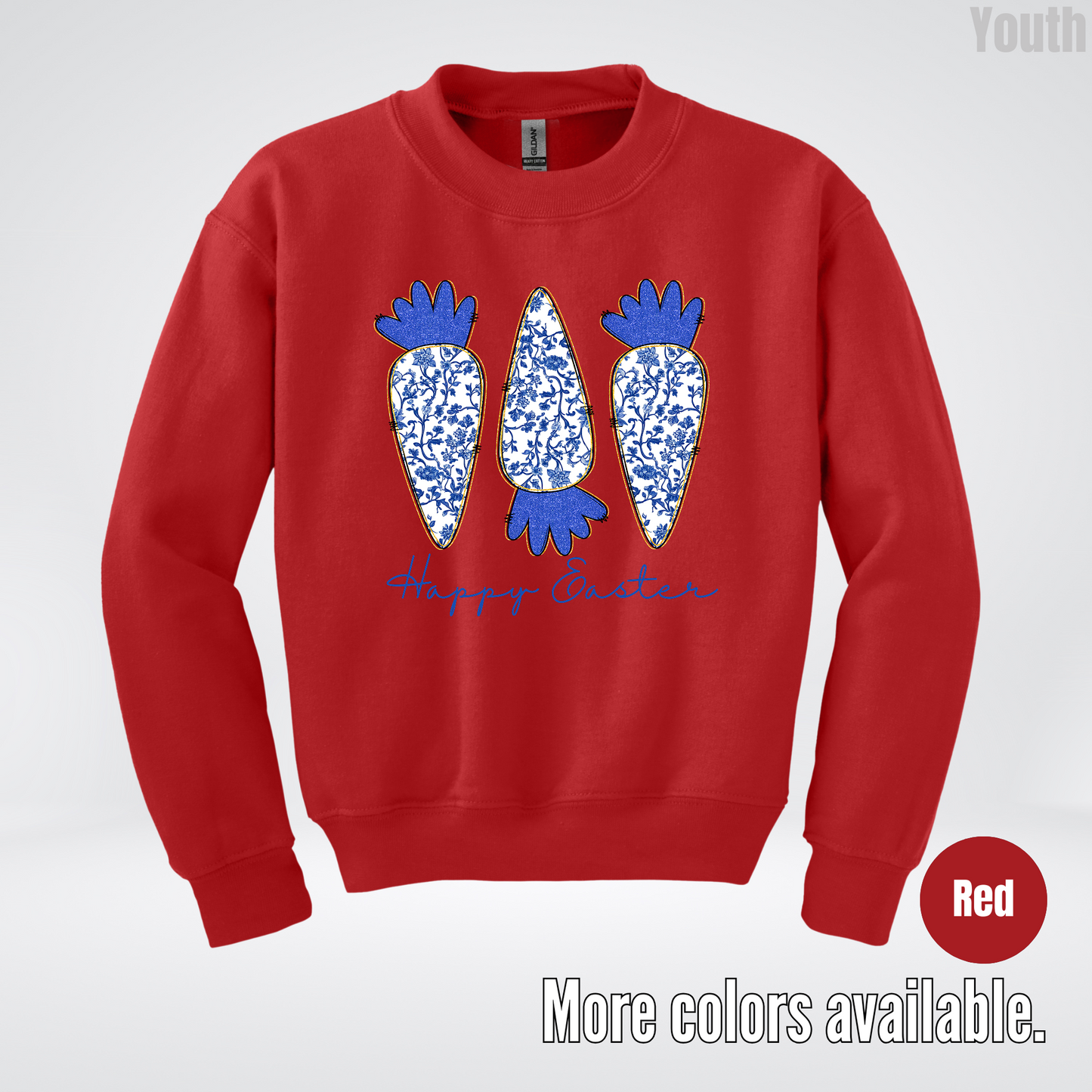 Blue Toile Chinoiserie Grandmillennial Happy Easter And Carrots Youth Crewneck Sweatshirt
