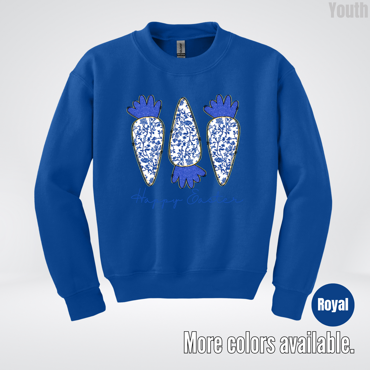 Blue Toile Chinoiserie Grandmillennial Happy Easter And Carrots Youth Crewneck Sweatshirt