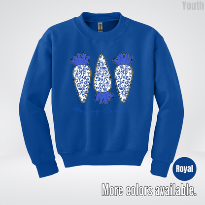 Blue Toile Chinoiserie Grandmillennial Happy Easter And Carrots Youth Crewneck Sweatshirt
