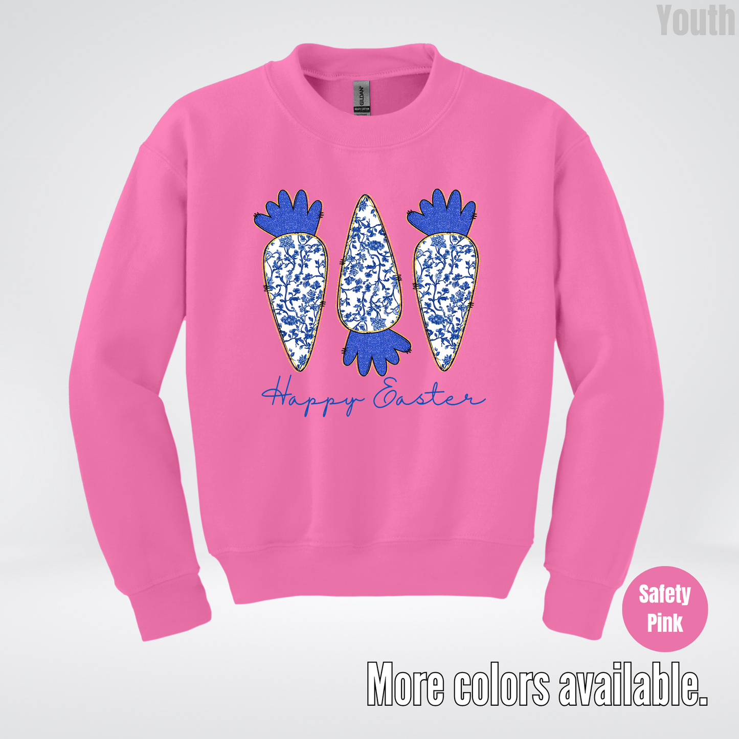 Blue Toile Chinoiserie Grandmillennial Happy Easter And Carrots Youth Crewneck Sweatshirt