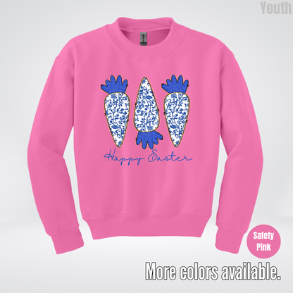 Blue Toile Chinoiserie Grandmillennial Happy Easter And Carrots Youth Crewneck Sweatshirt