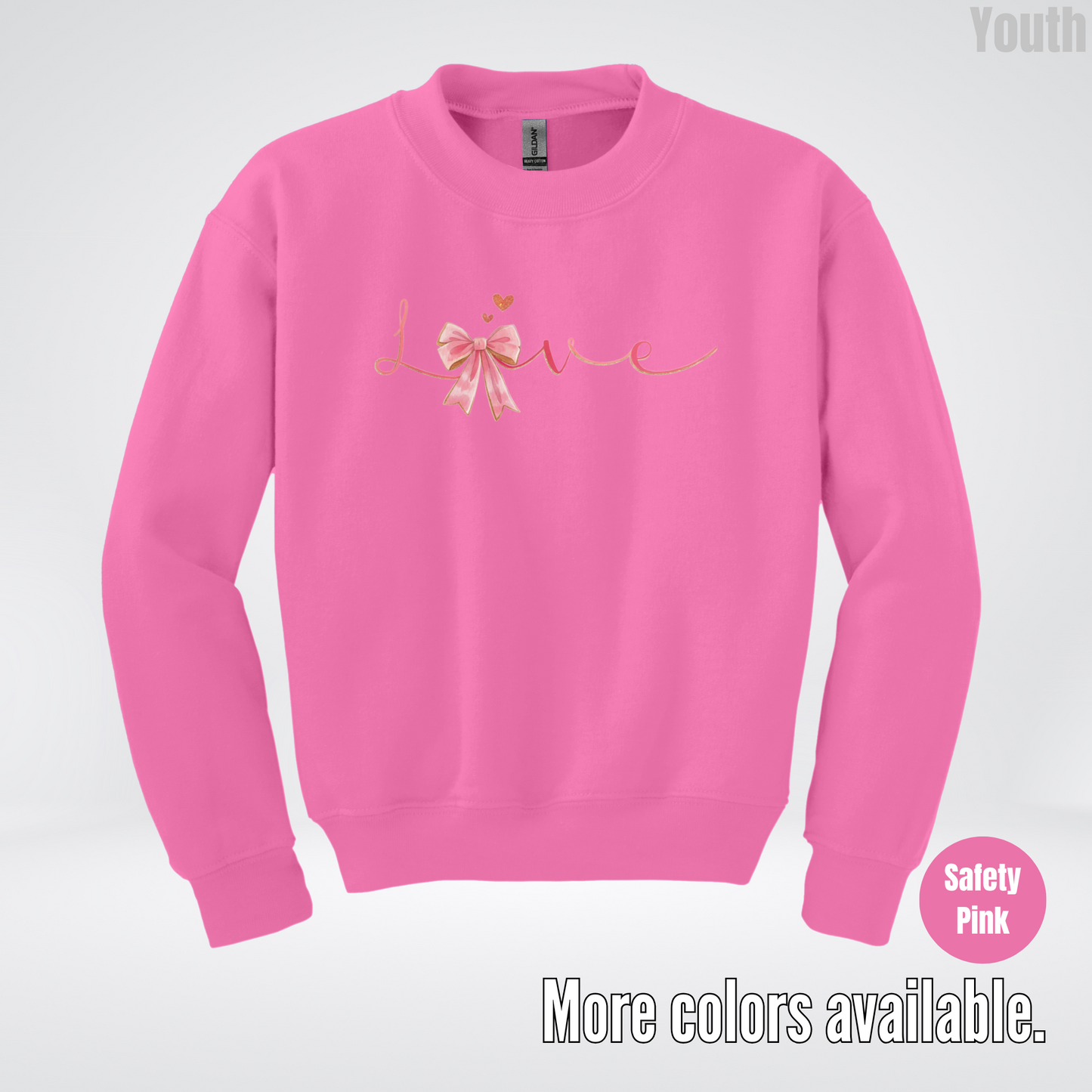 Love Pink Watercolor Coquette Bow Youth Crewneck Sweatshirt