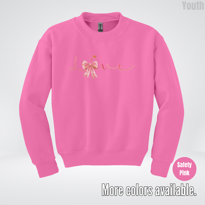 Love Pink Watercolor Coquette Bow Youth Crewneck Sweatshirt