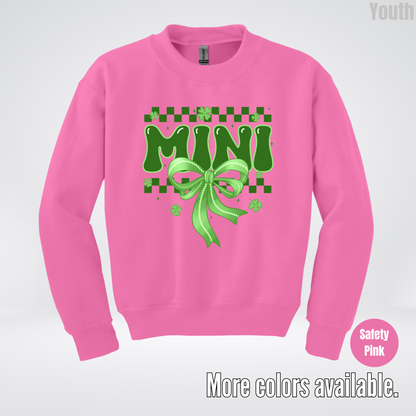 Mini Coquette Green Bow Checkered Retro Four Leaf Clovers Youth Crewneck Sweatshirt