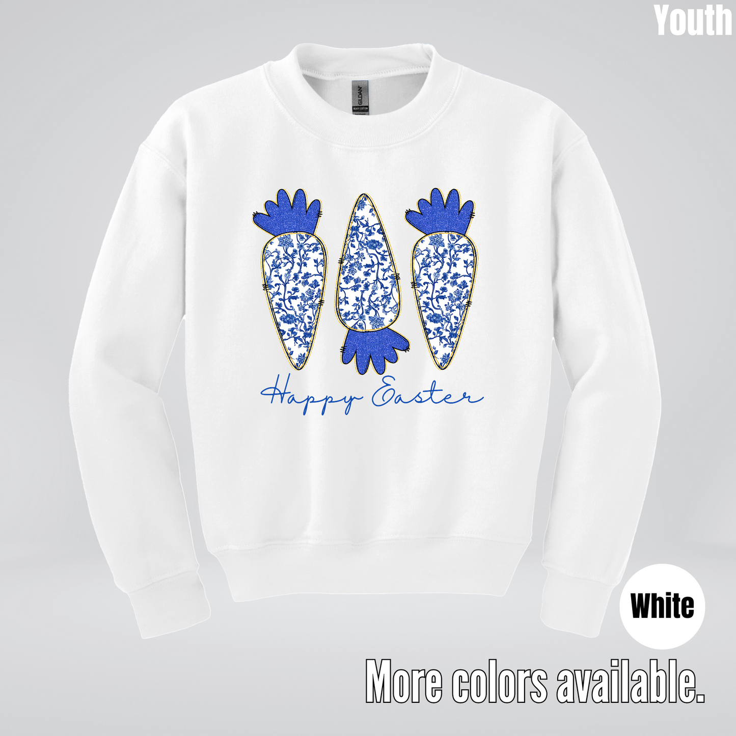 Blue Toile Chinoiserie Grandmillennial Happy Easter And Carrots Youth Crewneck Sweatshirt